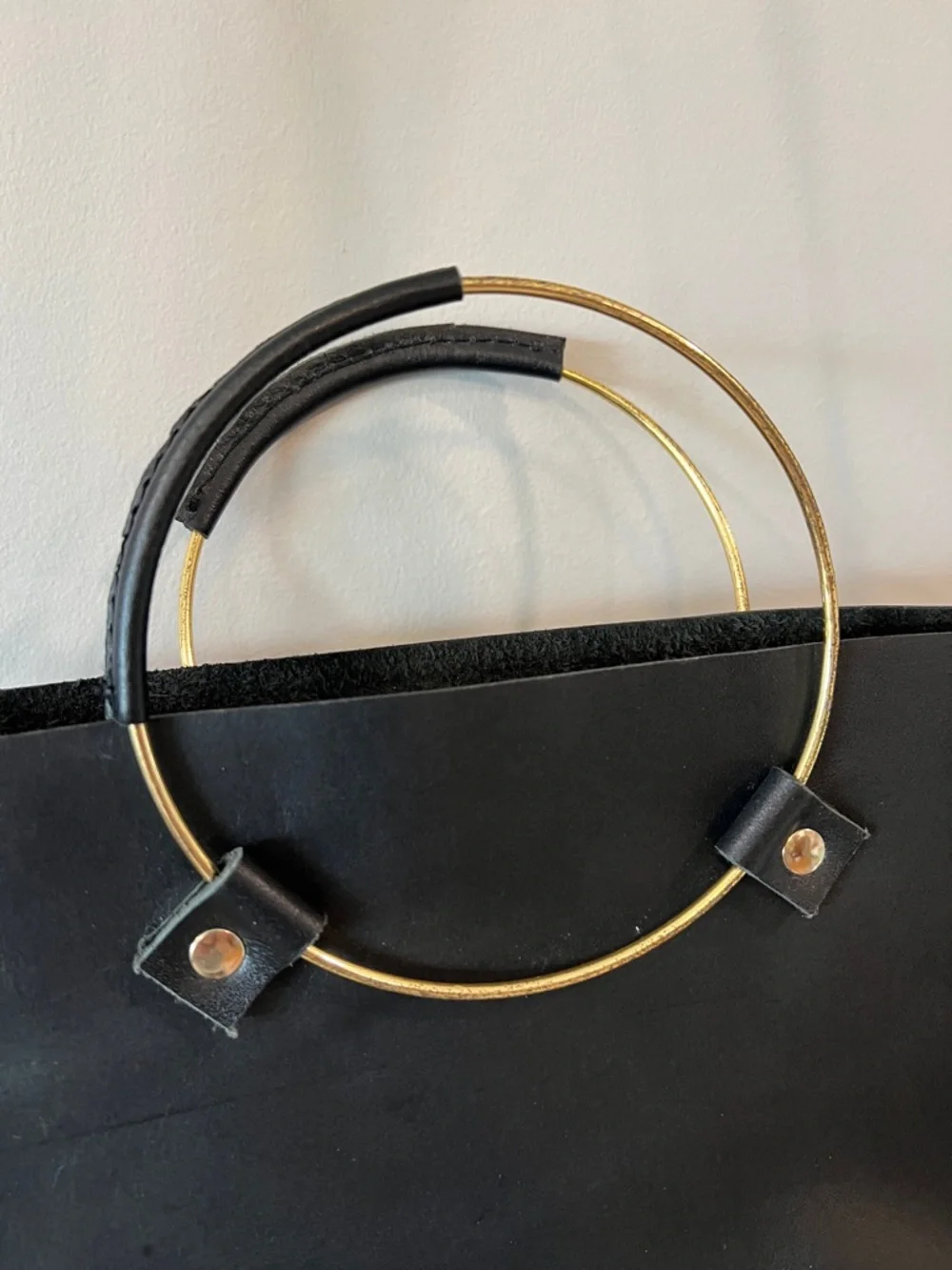 Tribe Alive - Black Leather Top-Handle Bucket Bag, Gold Ring Accent